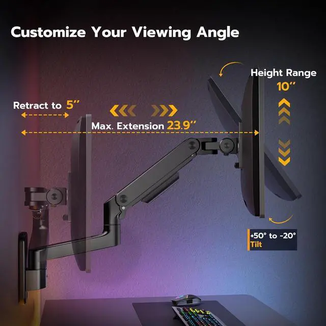 Alt view image 4 of 7 - Wall Mount Monitor Arm for 17-49 Inch Ultrawide Monitors, Heavy Duty Single Monitor Mount Holds 44 lbs, Fully Adjustable Gas Spring Monitor Arm Wall Mount, 75x75/100x100 VESA Mount, Black