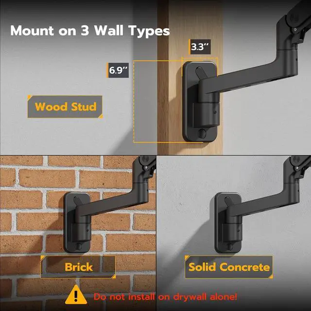 Alt view image 7 of 7 - Wall Mount Monitor Arm for 17-49 Inch Ultrawide Monitors, Heavy Duty Single Monitor Mount Holds 44 lbs, Fully Adjustable Gas Spring Monitor Arm Wall Mount, 75x75/100x100 VESA Mount, Black