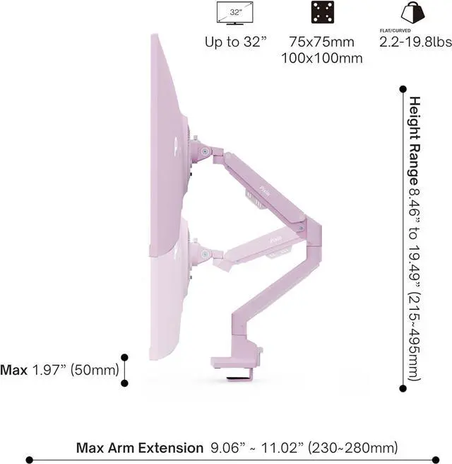 Alt view image 4 of 7 - Pixio PS1S Wave Pink Single Monitor Arm Stand Desk Mount - Fits up to 32 inches Monitors and up to 19.8lbs. VESA Compatibility and Integrated Cable Management