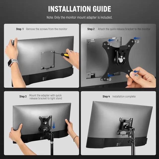 Alt view image 7 of 7 - NEEWER Monitor Mount Adapter with Quick Release VESA Mount, 270° Adjustable Metal 5/8" C Stand Light Stand Adapter for Impact Screen Outdoor TV up to 17-32", Max Load 17.5lb/8kg, MA010