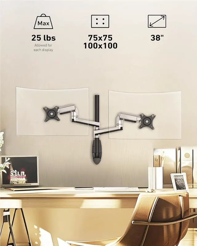 Alt view image 2 of 6 - Dual Monitor Wall Mount for Flat or Curved Screens up to 38" Within 25 lbs, Full Motion Adjustable Monitor Arm with Cable Management, VESA 75x75/100x100mm, Silver