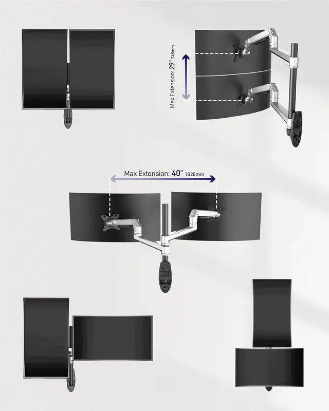 Alt view image 4 of 6 - Dual Monitor Wall Mount for Flat or Curved Screens up to 38" Within 25 lbs, Full Motion Adjustable Monitor Arm with Cable Management, VESA 75x75/100x100mm, Silver