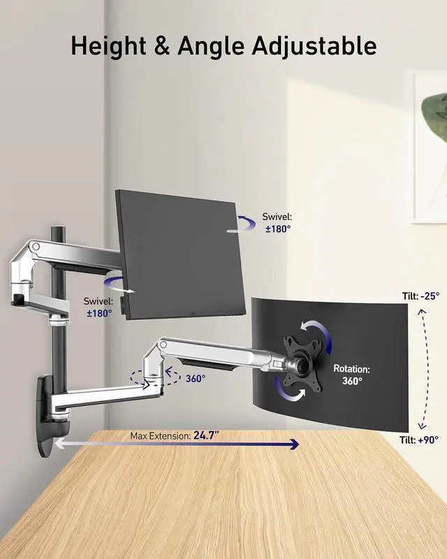 Alt view image 3 of 6 - Dual Monitor Wall Mount for Flat or Curved Screens up to 38" Within 25 lbs, Full Motion Adjustable Monitor Arm with Cable Management, VESA 75x75/100x100mm, Silver