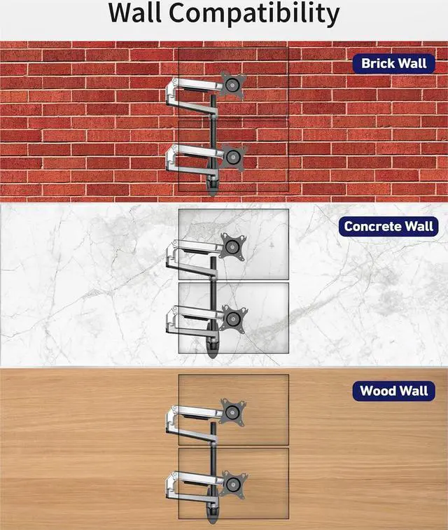 Alt view image 5 of 6 - Dual Monitor Wall Mount for Flat or Curved Screens up to 38" Within 25 lbs, Full Motion Adjustable Monitor Arm with Cable Management, VESA 75x75/100x100mm, Silver