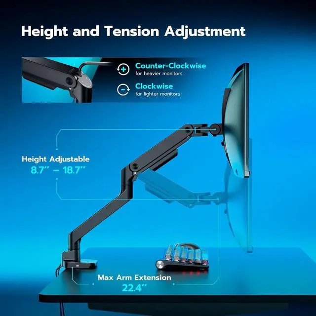 Alt view image 6 of 7 - Single Monitor Mount with USB A/C, Ultrawide Monitor Arm for 17 to 49 inch Heavy Duty Monitor, Holds 44 lbs, Adjustable Gas Spring Monitor Arm Desk Mount with Clamp and Grommet Base, Black