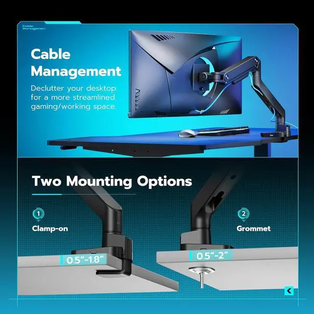 Alt view image 7 of 7 - Single Monitor Mount with USB A/C, Ultrawide Monitor Arm for 17 to 49 inch Heavy Duty Monitor, Holds 44 lbs, Adjustable Gas Spring Monitor Arm Desk Mount with Clamp and Grommet Base, Black