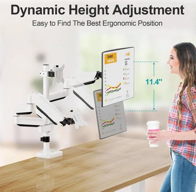 Alt view image 5 of 7 - MOUNT PRO Triple Monitor Stand, 3-Monitor Desk Mount for Screens Up to 32 Inch, Full Motion Gas Spring Arm, Heavy Duty, VESA, White