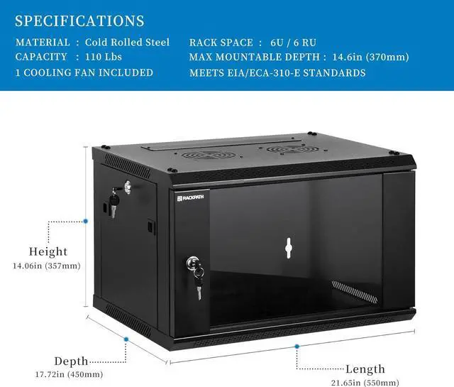Alt view image 2 of 7 - 6U Performance Wall Mount Server Cabinet Network Rack Enclosure, Quiet Cooling Fan, Locking Glass Door, Black