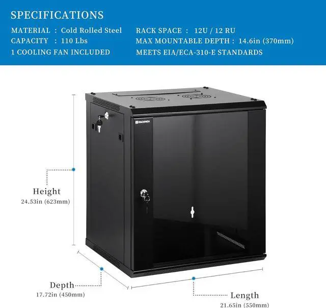 Alt view image 2 of 7 - 12U Performance Wall Mount Server Cabinet Network Rack Enclosure, Quiet Cooling Fan, Locking Glass Door, Black