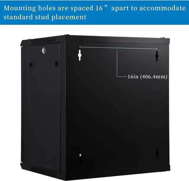 Alt view image 4 of 7 - 12U Performance Wall Mount Server Cabinet Network Rack Enclosure, Quiet Cooling Fan, Locking Glass Door, Black