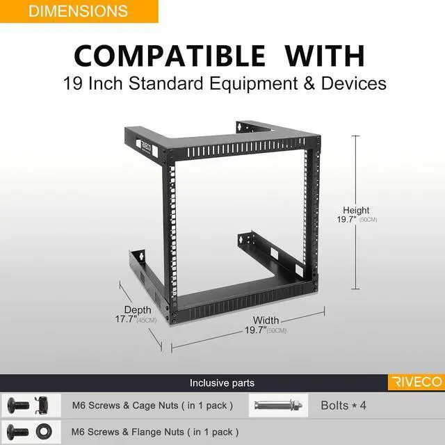 Alt view image 5 of 7 - RIVECO 9U Wall Mount Rack for Network  17.7" Deep 2 Post Open Frame Racks Easy Assembly Firm Constructed for Stereo/Server/AV/Home Data Equipment Heavy Duty Black