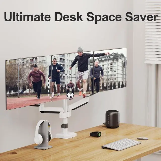 Alt view image 2 of 7 - MOUNT PRO Triple Monitor Stand, 3-Monitor Desk Mount for Screens Up to 32 Inch, Full Motion Gas Spring Arm, Heavy Duty, VESA, White