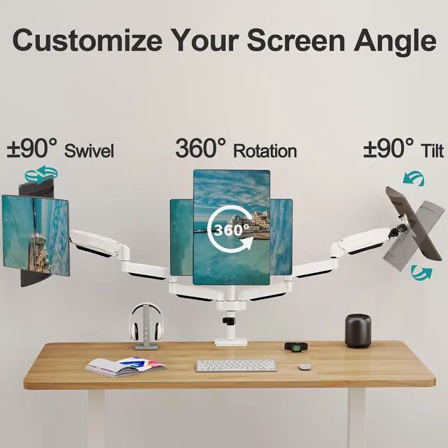 Alt view image 4 of 7 - MOUNT PRO Triple Monitor Stand, 3-Monitor Desk Mount for Screens Up to 32 Inch, Full Motion Gas Spring Arm, Heavy Duty, VESA, White