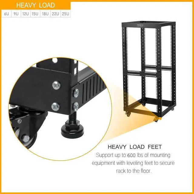 Alt view image 5 of 6 - RIVECO 18U Open Frame Server Rack with Brake Casters- Heavy Duty 4 Post Quick Assembly 19-inch Rack Network Durable Black