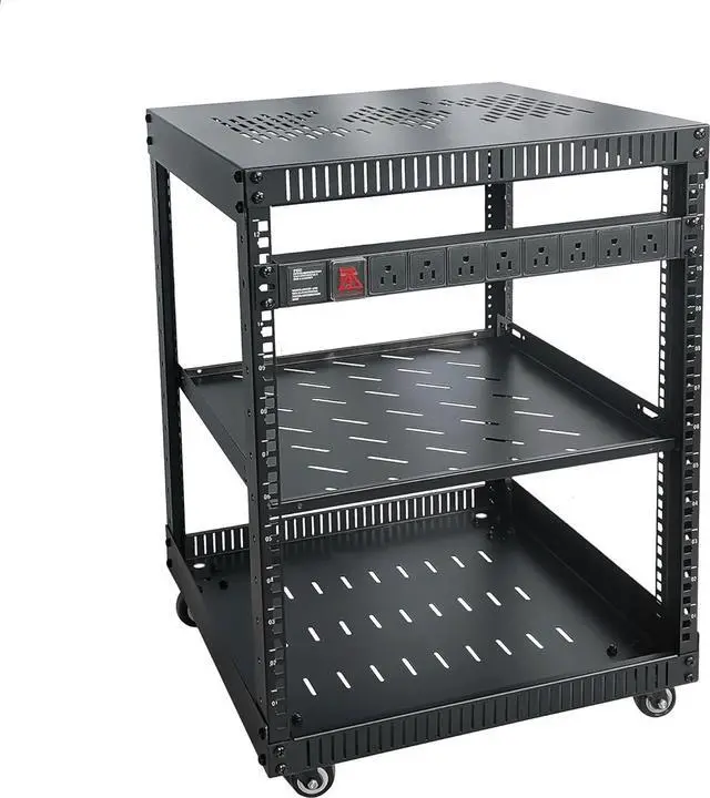 Main image of RIVECO 12U Network Rack with Reinforced Top Cover - 4 Post Floor Rack on Wheels for 19" Equipment & Stereo Gear- Including Rack Mount Power Strip & 1PCS 1U Rack Shelf