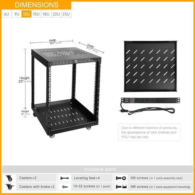 Alt view image 2 of 6 - RIVECO 12U Network Rack with Reinforced Top Cover - 4 Post Floor Rack on Wheels for 19" Equipment & Stereo Gear- Including Rack Mount Power Strip & 1PCS 1U Rack Shelf