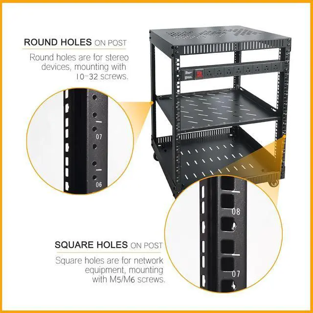 Alt view image 3 of 6 - RIVECO 12U Network Rack with Reinforced Top Cover - 4 Post Floor Rack on Wheels for 19" Equipment & Stereo Gear- Including Rack Mount Power Strip & 1PCS 1U Rack Shelf