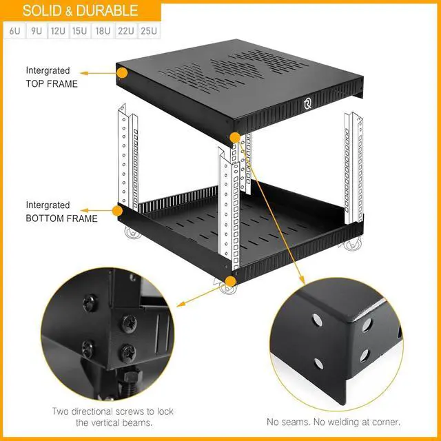 Alt view image 4 of 6 - RIVECO 25U Network Rack with Reinforced Top Cover - 4 Post Floor Rack on Wheels for 19" Equipment & Stereo Gear- Including Rack Mount Power Strip & 2PCS 1U Rack Shelves