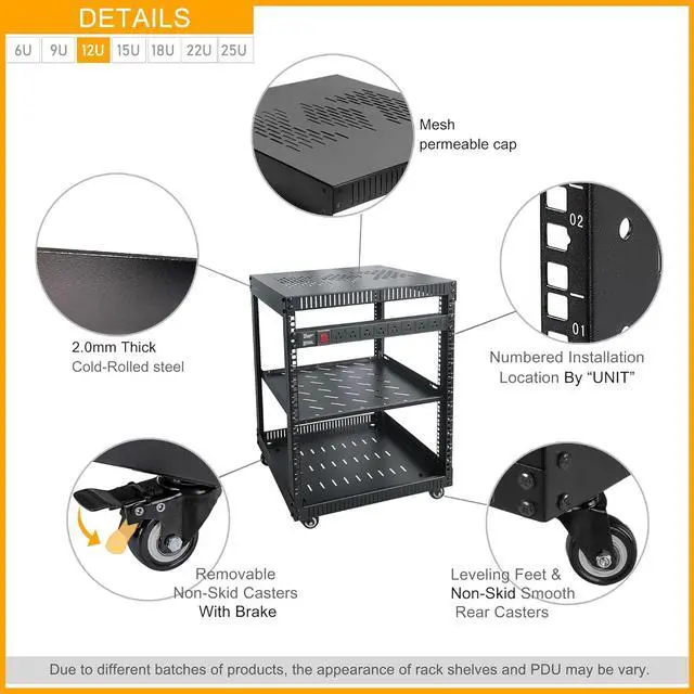 Alt view image 5 of 6 - RIVECO 12U Network Rack with Reinforced Top Cover - 4 Post Floor Rack on Wheels for 19" Equipment & Stereo Gear- Including Rack Mount Power Strip & 1PCS 1U Rack Shelf