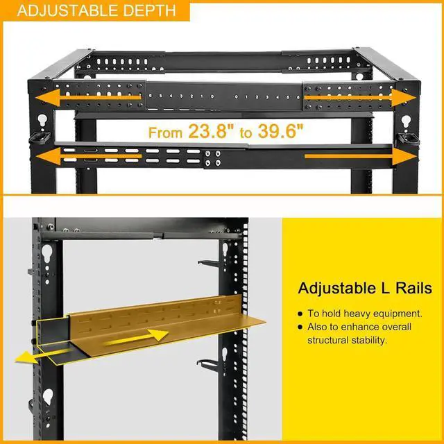 Alt view image 2 of 6 - RIVECO 12U 19 Adjustable Depth Server Rack Support Up to 1700LBS Floor Standing 4 Post Rack with L Rails & Load-Bearing Casters Universal for Network Equipment Black