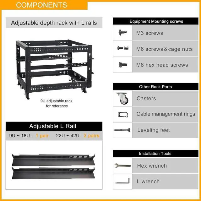 Alt view image 4 of 6 - RIVECO 12U 19 Adjustable Depth Server Rack Support Up to 1700LBS Floor Standing 4 Post Rack with L Rails & Load-Bearing Casters Universal for Network Equipment Black