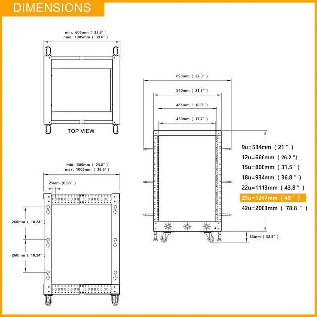 Alt view image 5 of 6 - RIVECO 25U 19 Adjustable Depth Server Rack Support Up to 1700LBS Floor Standing 4 Post Rack with L Rails & Load-Bearing Casters Universal for Network Equipment Black
