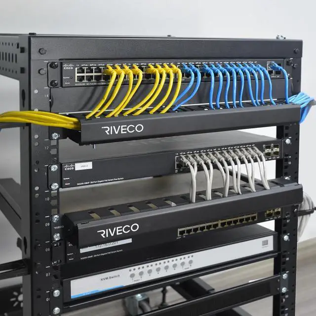 Alt view image 6 of 6 - RIVECO 12U 19 Adjustable Depth Server Rack Support Up to 1700LBS Floor Standing 4 Post Rack with L Rails & Load-Bearing Casters Universal for Network Equipment Black