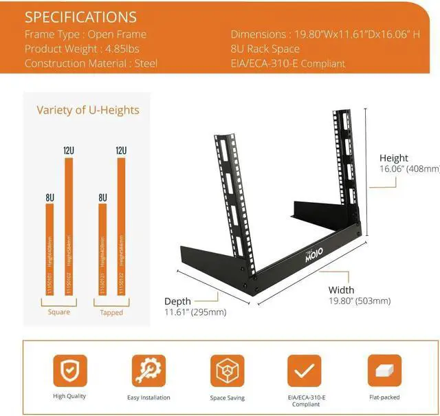 Alt view image 2 of 6 - 2 Post 8U Desktop Server Rack Small Open Frame Rack for 19in AV/Data/Audio/Studio Equipment Free Standing Home/Office Rack,Square Hole