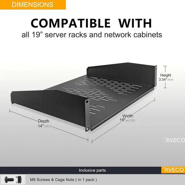 Alt view image 2 of 6 - RIVECO 19 2U Rack Shelf Server Cabinet Mount Vented Cantilever Tray for Network Equipment, 14 Inches 35 CM Depth, Black