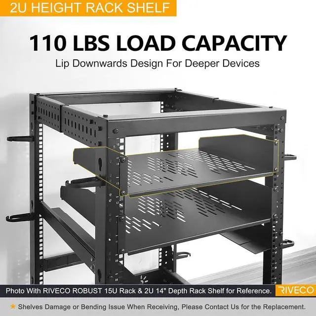 Alt view image 6 of 6 - RIVECO 19 2U Rack Shelf Server Cabinet Mount Vented Cantilever Tray for Network Equipment, 14 Inches 35 CM Depth, Black