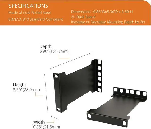 Alt view image 2 of 6 - Server Rack Depth Extender - 2U - 6inch / 15.24 cm - TAA Compliant - Recessed Rack Adapter - Rack Mount Adapter Kit - Network Rack Extender