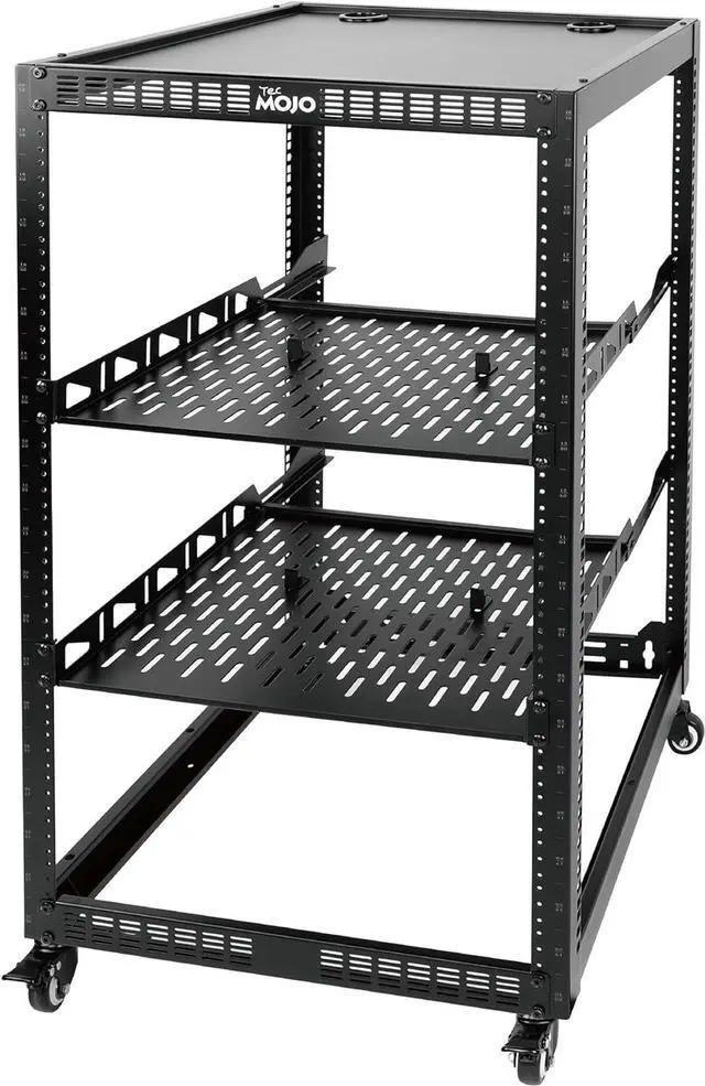 Main image of Tecmojo 20U Open Frame Network Rack for IT &AV Gear, AV Rack 4-Post with casters, Mobile 20U Rack with 2 PCS 1U Server Rack Shelf & Mounting Hardware, for 19" Network,Audio and Video Device