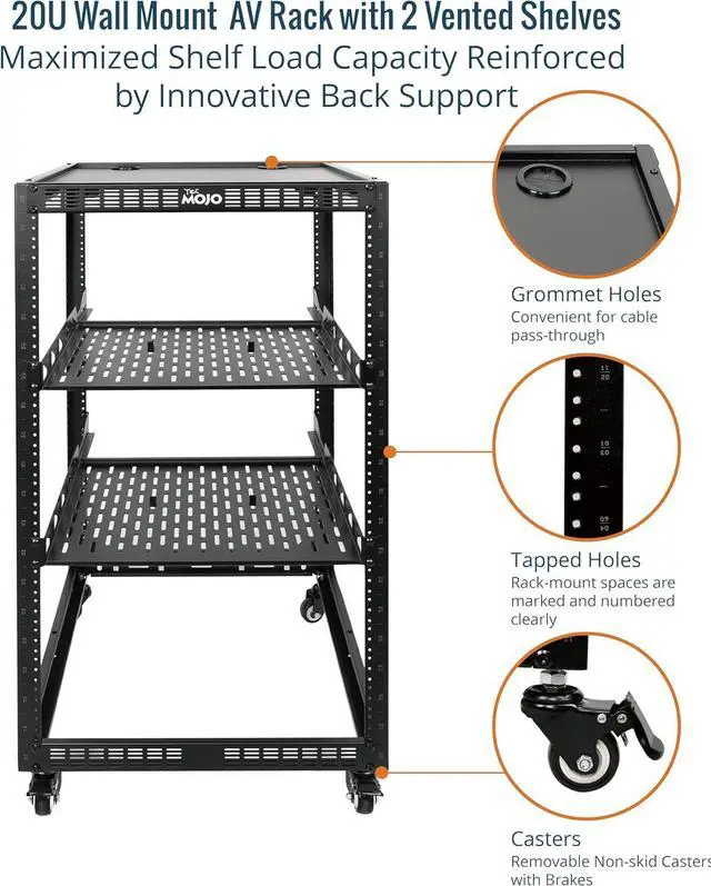 Alt view image 4 of 6 - Tecmojo 20U Open Frame Network Rack for IT &AV Gear, AV Rack 4-Post with casters, Mobile 20U Rack with 2 PCS 1U Server Rack Shelf & Mounting Hardware, for 19" Network,Audio and Video Device