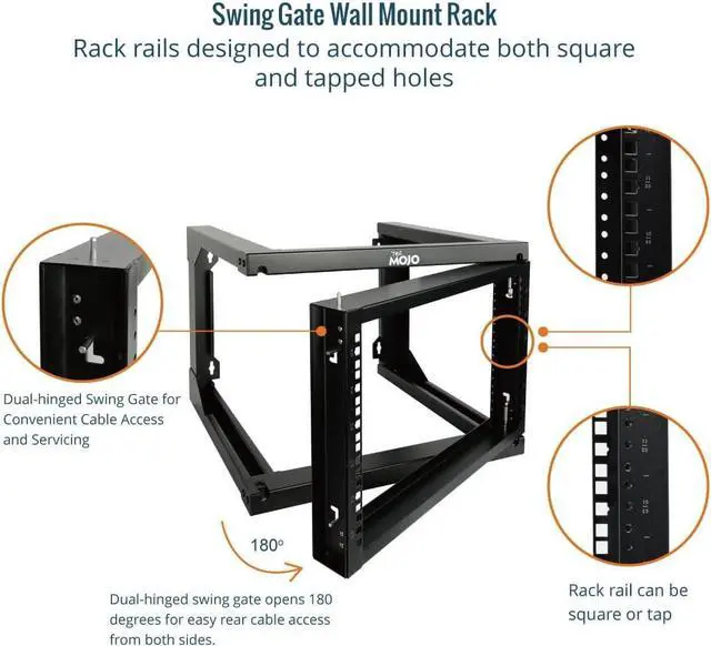 Alt view image 3 of 6 - 6U Wall Mount Server Rack, Open Frame Network Rack for 19" Computer/AV/Data/IT/Media Equipment, 18" Depth, 16" Apart Mounting Holes, Swing Gate, Square and Tapped Holes