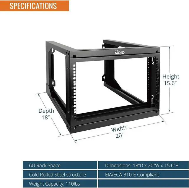 Alt view image 2 of 6 - 6U Wall Mount Server Rack, Open Frame Network Rack for 19" Computer/AV/Data/IT/Media Equipment, 18" Depth, 16" Apart Mounting Holes, Swing Gate, Square and Tapped Holes