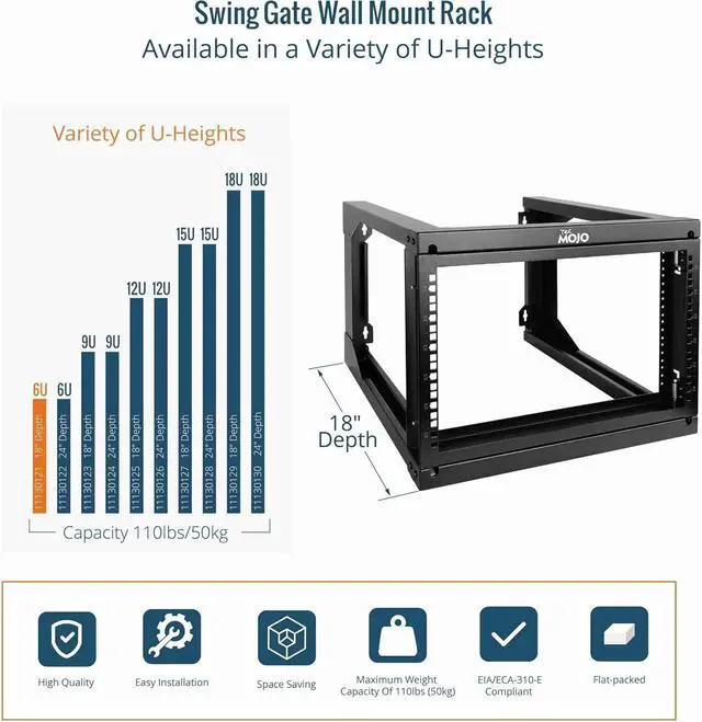 Alt view image 5 of 6 - 6U Wall Mount Server Rack, Open Frame Network Rack for 19" Computer/AV/Data/IT/Media Equipment, 18" Depth, 16" Apart Mounting Holes, Swing Gate, Square and Tapped Holes