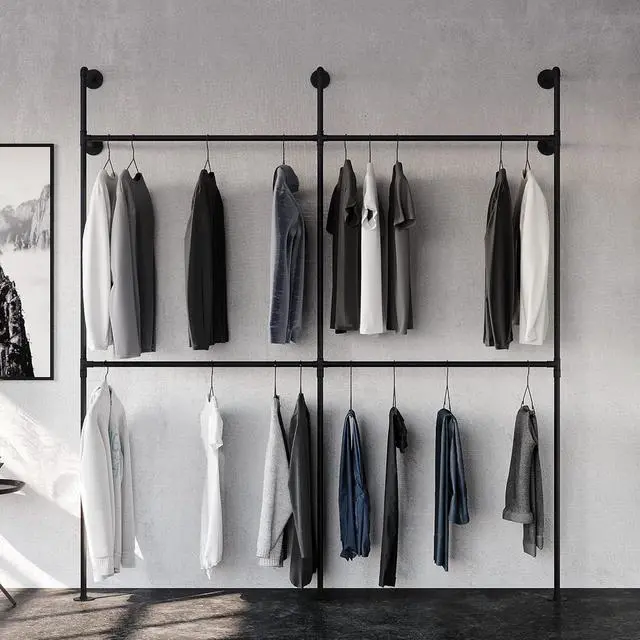 Main image of pamo Industrial pipe clothing rack metal black - Wall mounted clothes racks for hanging clothes - Modern walk in closet - KIM II DOUBLE black