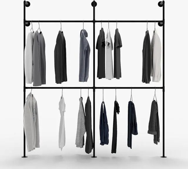 Alt view image 2 of 7 - pamo Industrial pipe clothing rack metal black - Wall mounted clothes racks for hanging clothes - Modern walk in closet - KIM II DOUBLE black