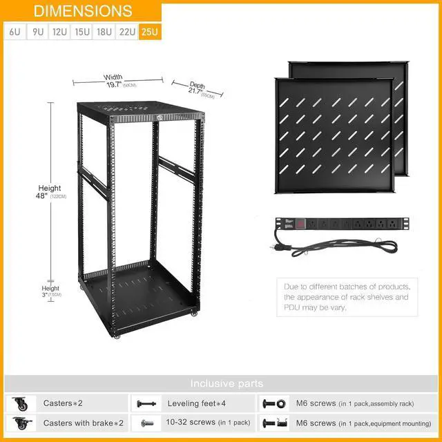Alt view image 2 of 6 - RIVECO 25U Network Rack with Reinforced Top Cover - 4 Post Floor Rack on Wheels for 19" Equipment & Stereo Gear- Including Rack Mount Power Strip & 2PCS 1U Rack Shelves
