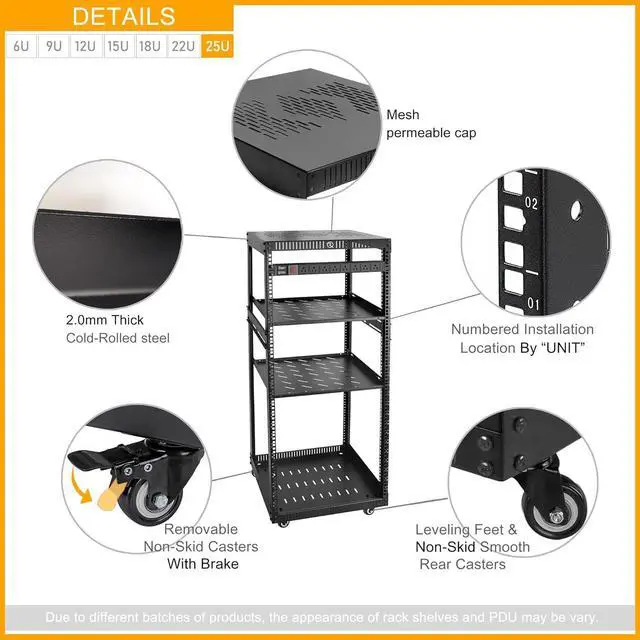 Alt view image 5 of 6 - RIVECO 25U Network Rack with Reinforced Top Cover - 4 Post Floor Rack on Wheels for 19" Equipment & Stereo Gear- Including Rack Mount Power Strip & 2PCS 1U Rack Shelves