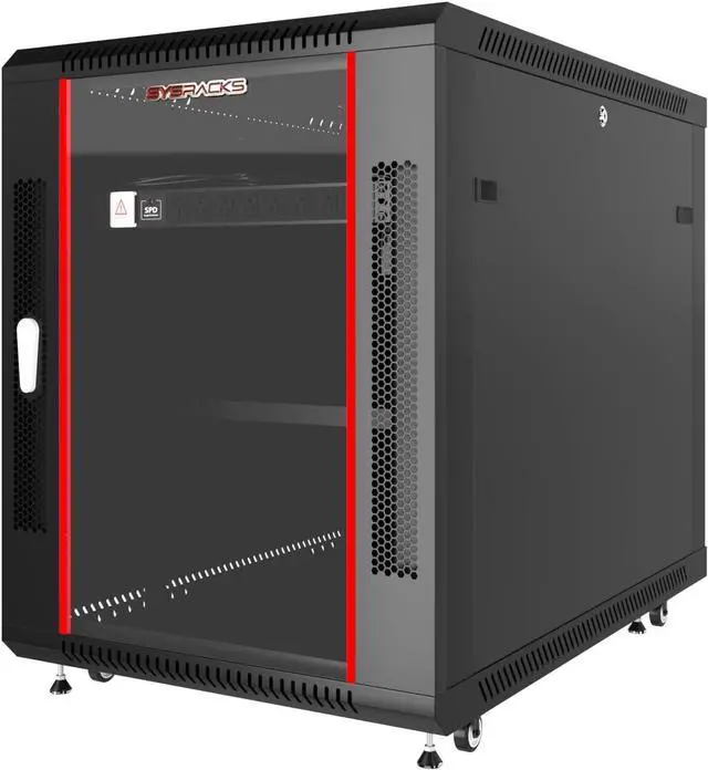 Alt view image 2 of 7 - SYSRACKS 12U 35 Inch Depth Server Rack Cabinet Enclosure Fits Server Equipment - Glass Door - Casters - PDU - Cooling Fan - Shelf