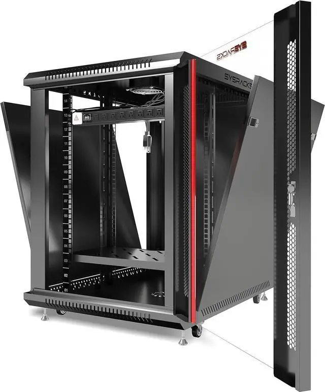 Alt view image 6 of 7 - SYSRACKS 12U 35 Inch Depth Server Rack Cabinet Enclosure Fits Server Equipment - Glass Door - Casters - PDU - Cooling Fan - Shelf