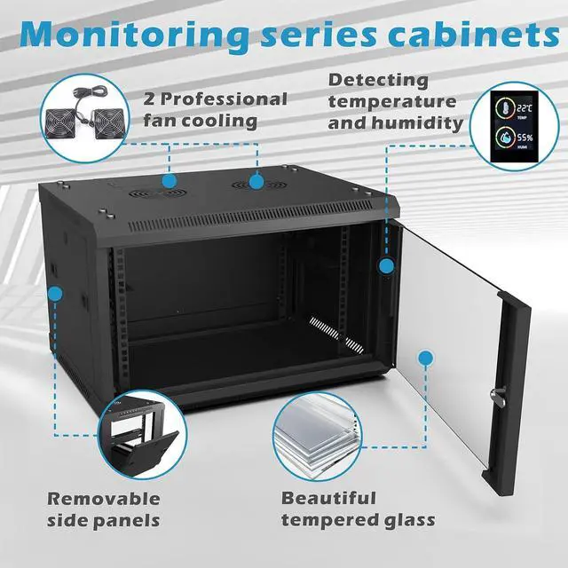 Alt view image 2 of 7 - 6U Server Rack Wall Mount Rack Enclosure with Temp & Humidity Display,Locking Glass Door,2 Fans,6U Network Cabinet 17.7 Deep,19 Inch Server Cabinet for IT Equipment,A/V Devices