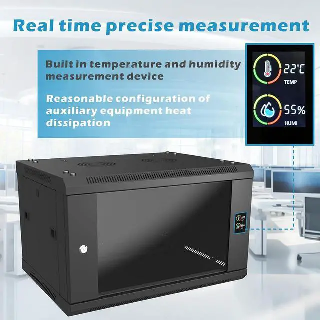 Alt view image 3 of 7 - 6U Server Rack Wall Mount Rack Enclosure with Temp & Humidity Display,Locking Glass Door,2 Fans,6U Network Cabinet 17.7 Deep,19 Inch Server Cabinet for IT Equipment,A/V Devices