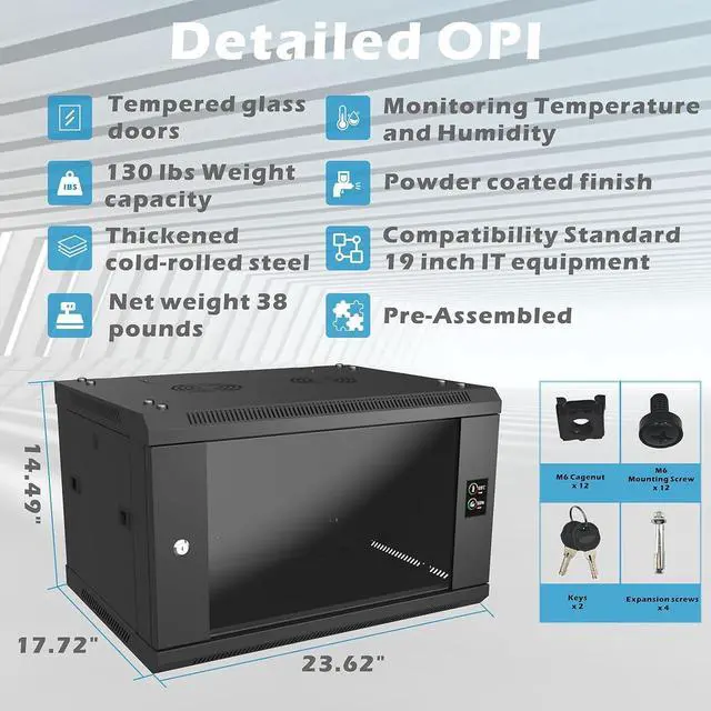 Alt view image 4 of 7 - 6U/9U/12U Server Rack Wall Mount Server Cabinet Enclosure with 2 Cooling Fans, Temp, Locks Door, 17.7 Deep, 19 Inch Network Rack for IT and A/V Equipment (6U)
