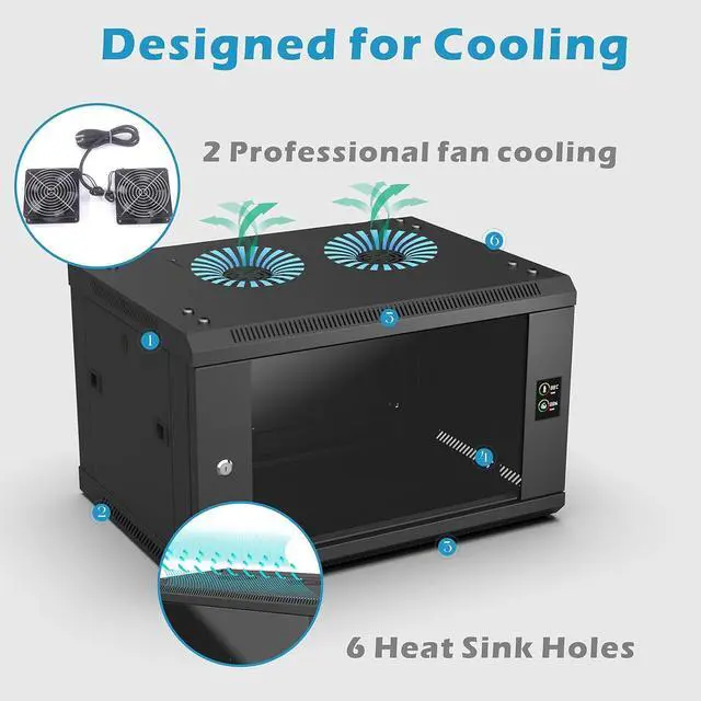 Alt view image 5 of 7 - 6U Server Rack Wall Mount Rack Enclosure with Temp & Humidity Display,Locking Glass Door,2 Fans,6U Network Cabinet 17.7 Deep,19 Inch Server Cabinet for IT Equipment,A/V Devices