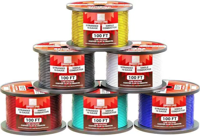 Main image of 16 Gauge Wire Combo 6 Pack 12V 100'FT per Roll (600 ft Total) Auto Wire Copper Clad Aluminium Low Voltage