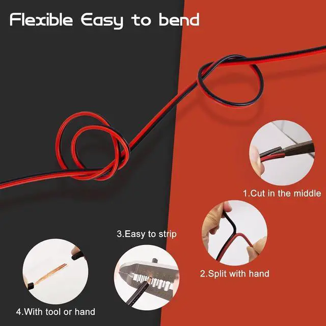 Alt view image 2 of 7 - 18Gauge 100FT Electrical Wire Cable Flexible Wire Extension Cord 18AWG Copper Clad Aluminum Copper Wire 2 Conductors Red Black Parallel Wire line Hookup LED Lighting Strips 12V/24V DC Cable