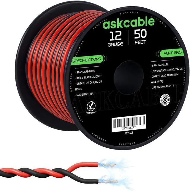 Main image of 12Gauge 50FT Electrical Wire Cable Flexible Wire Extension Cord 12AWG Copper Clad Aluminum Copper Wire 2 Conductors Red Black Parallel Wire line Hookup LED Lighting Strips 12V/24V DC Cable