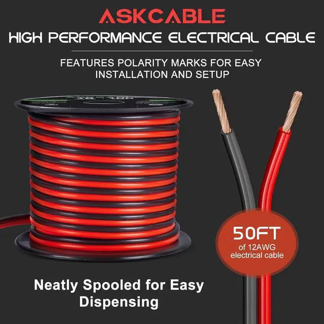 Alt view image 6 of 7 - 12Gauge 50FT Electrical Wire Cable Flexible Wire Extension Cord 12AWG Copper Clad Aluminum Copper Wire 2 Conductors Red Black Parallel Wire line Hookup LED Lighting Strips 12V/24V DC Cable